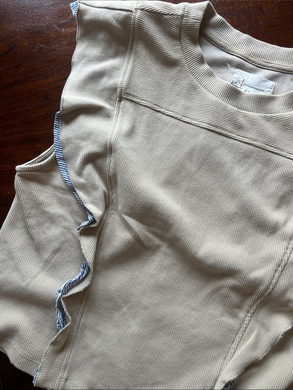 Anthropologie Tan Ribbed Ruffle-Trim Tank Top with Stripe Accents